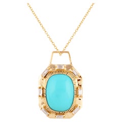 Colgante Rectángulo de Turquesa Ovalada y Diamante en Oro Amarillo de 18K