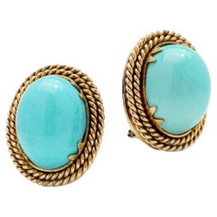 Vintage Turquoise Oval Rope Edge 14kt Gold Clip-On Earrings