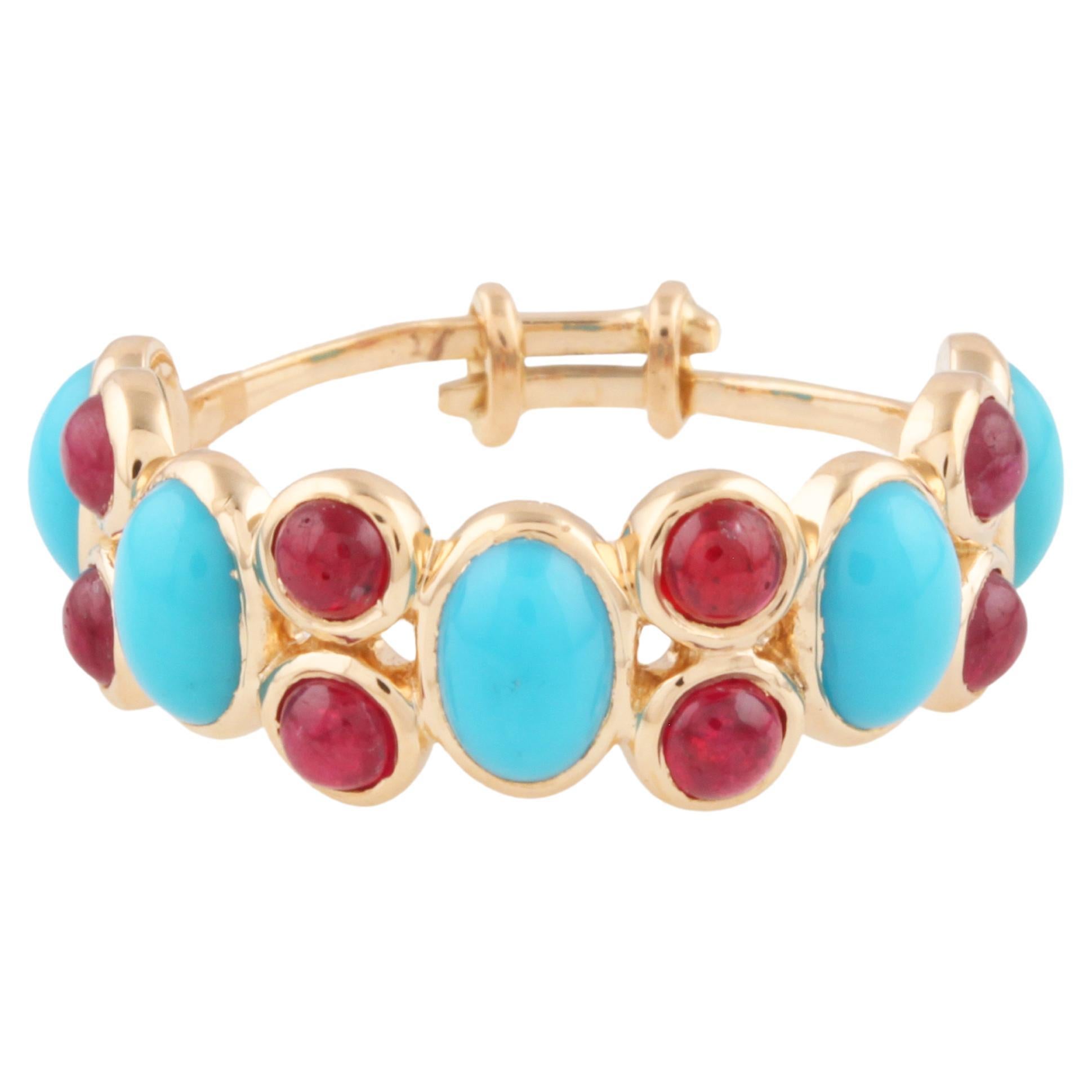 Turquoise Oval & Ruby Round Ring In 18K Yellow Gold