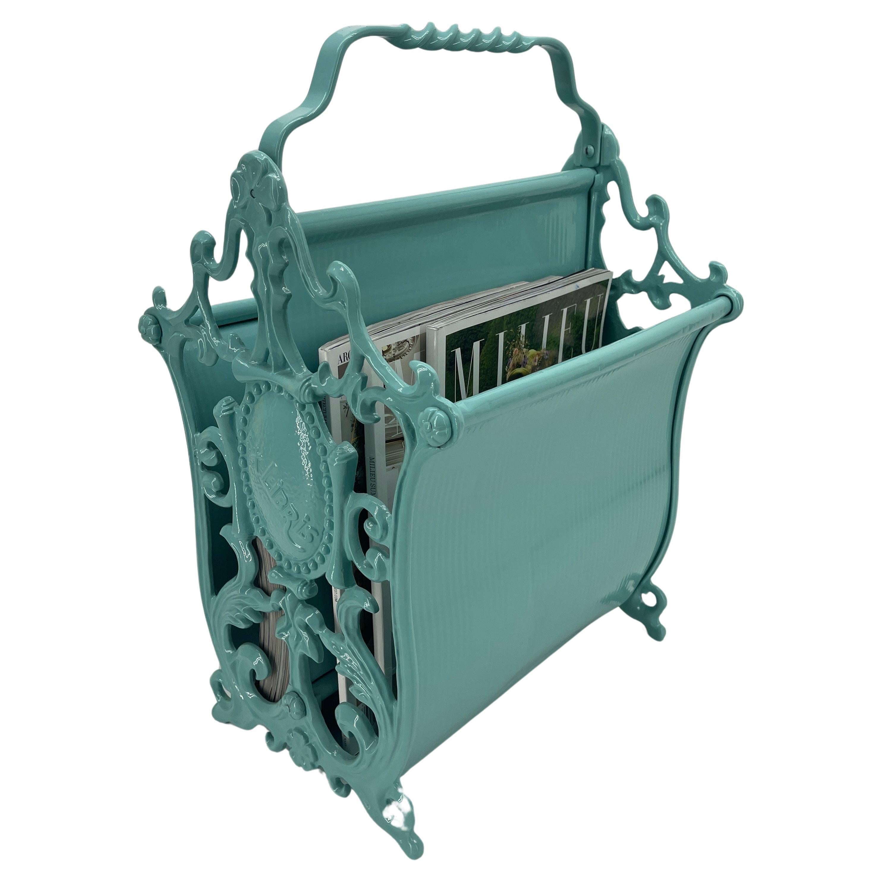 Turquoise Painted Wrought Iron Magazine Rack, "Ex Libris" For Sale