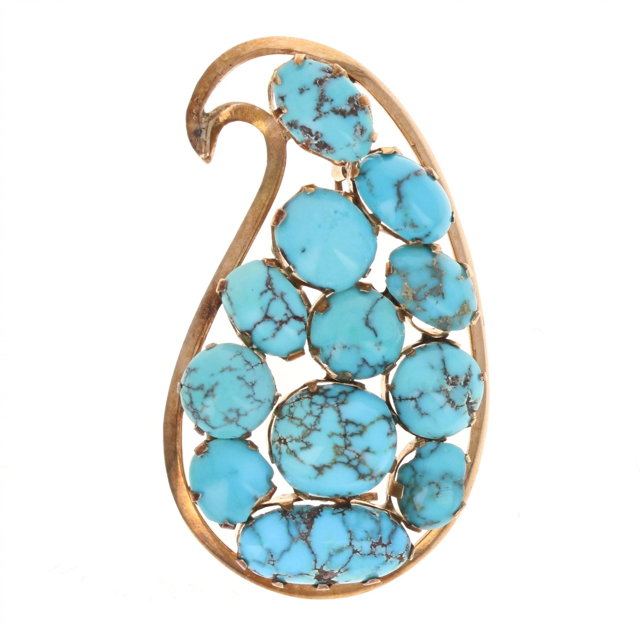 Metal Content: Guaranteed 12k Gold as tested

Stone Information:
Genuine Turquoise with Matrix - 
Treatment: Routinely Enhanced
Cuts: Round Cabochon & Oval Cabochon

Measurements: 1 13/16