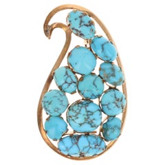 Turquoise Paisley Brooch, 12k Rose Gold Cabochons with Matrix