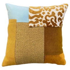 Turquoise Panel and Saffron Silk and Cheetah Pillow with White Knubby Wool Back