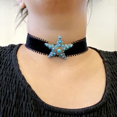 Turquoise & Pave Diamond Star Fish Charm Choker Necklace in 14k Gold & Silver