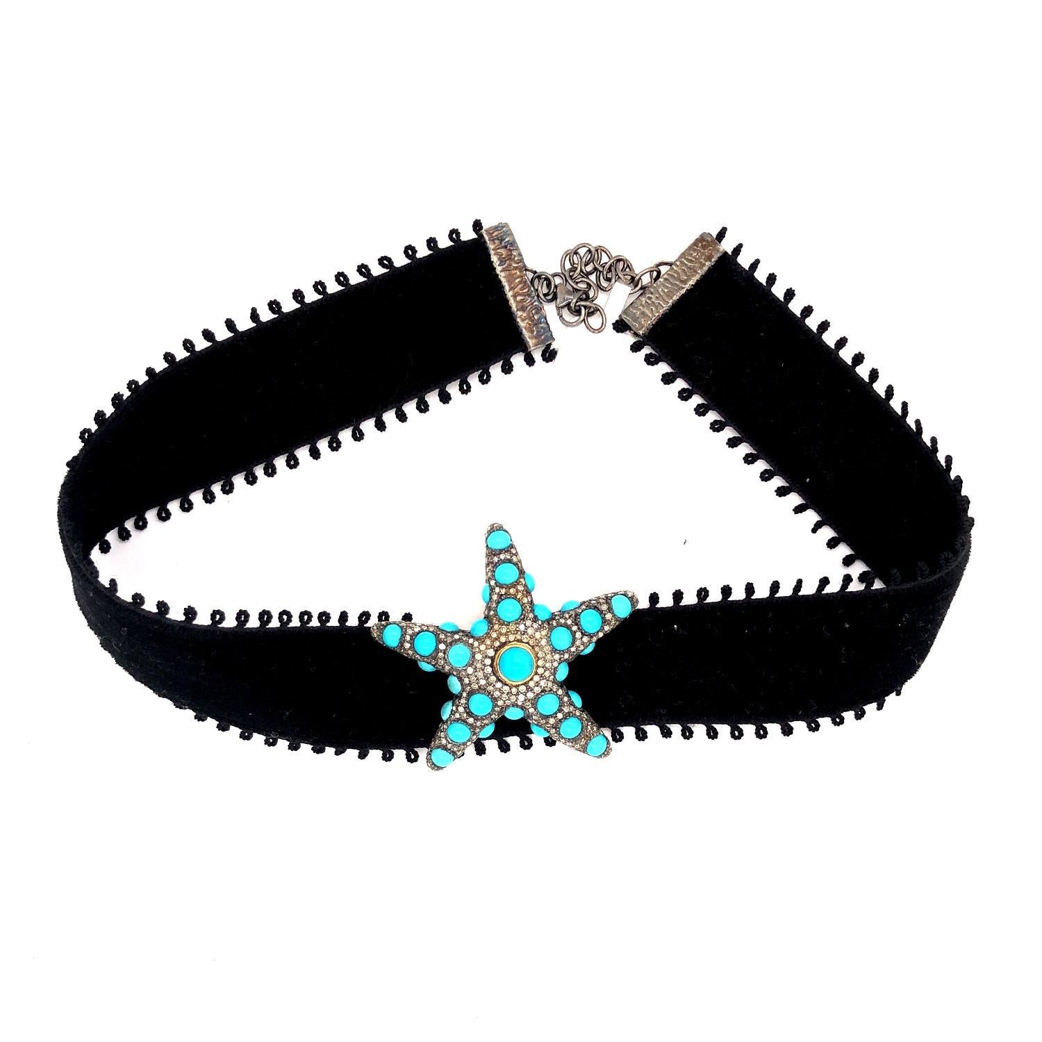 Artisan Turquoise & Pave Diamond Star Fish Charm Choker Necklace in 14k Gold & Silver For Sale