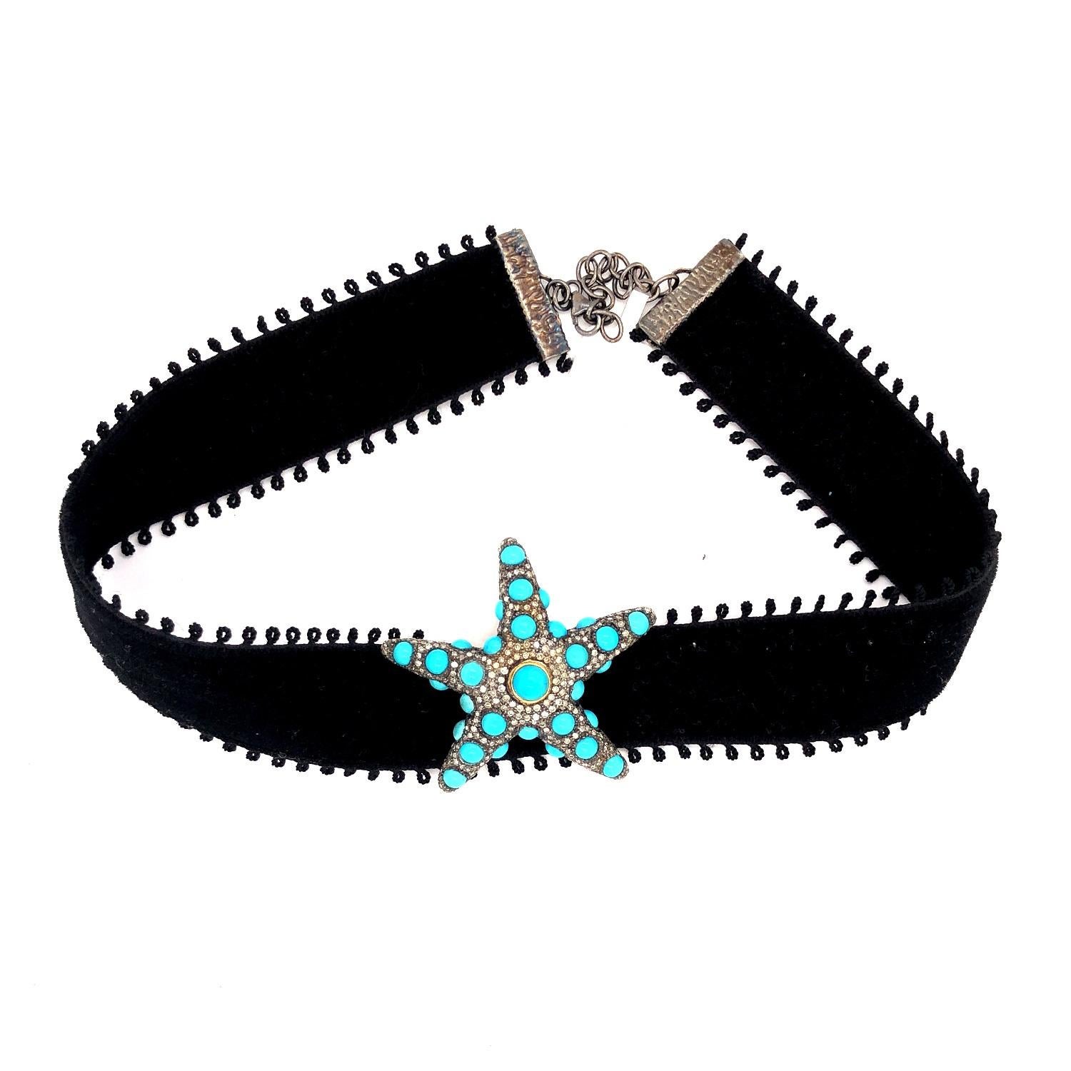 Taille mixte Collier ras du cou breloque étoile de poisson en or et argent 14 carats avec turquoise et diamants pavés en vente