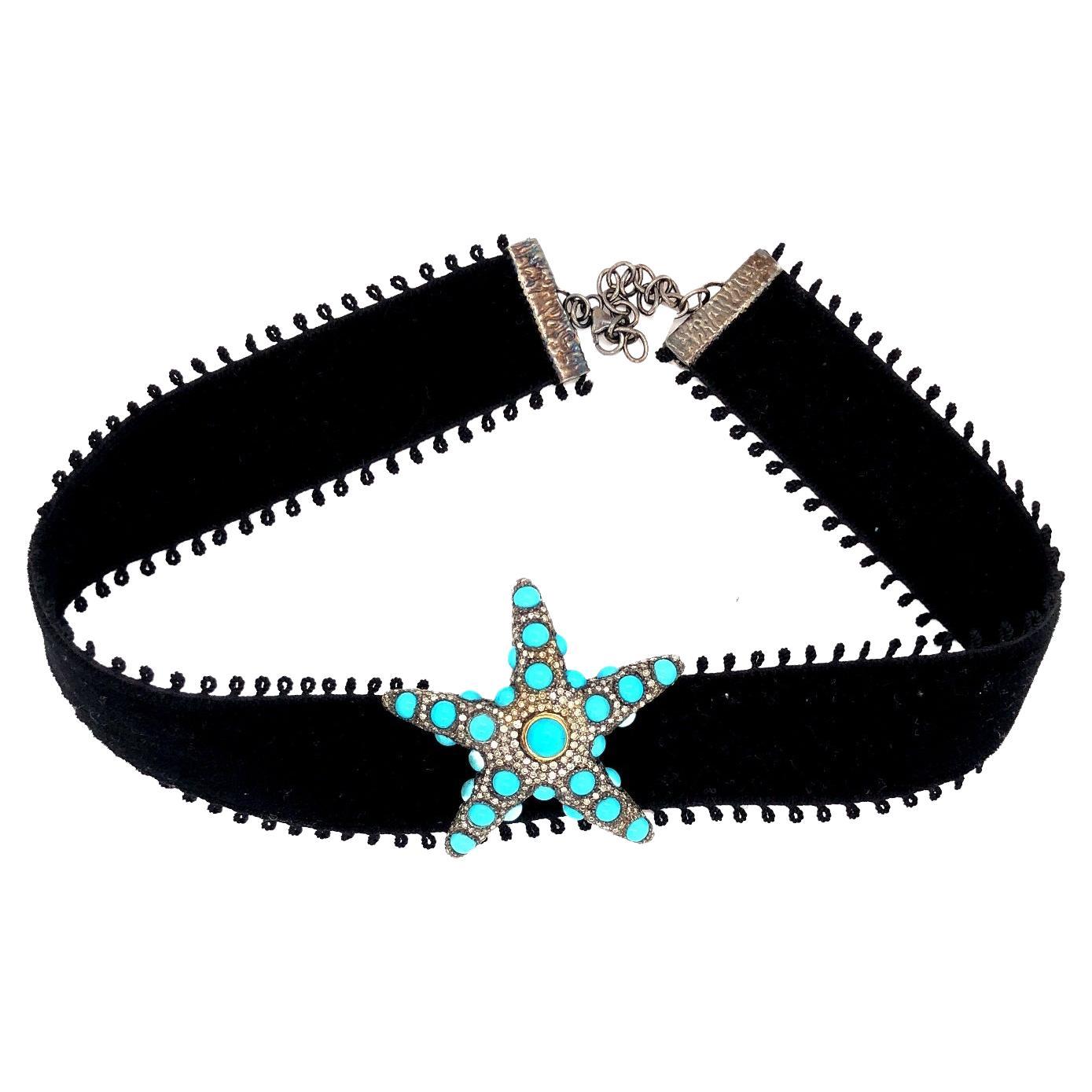 Turquoise & Pave Diamond Star Fish Charm Choker Necklace in 14k Gold & Silver For Sale