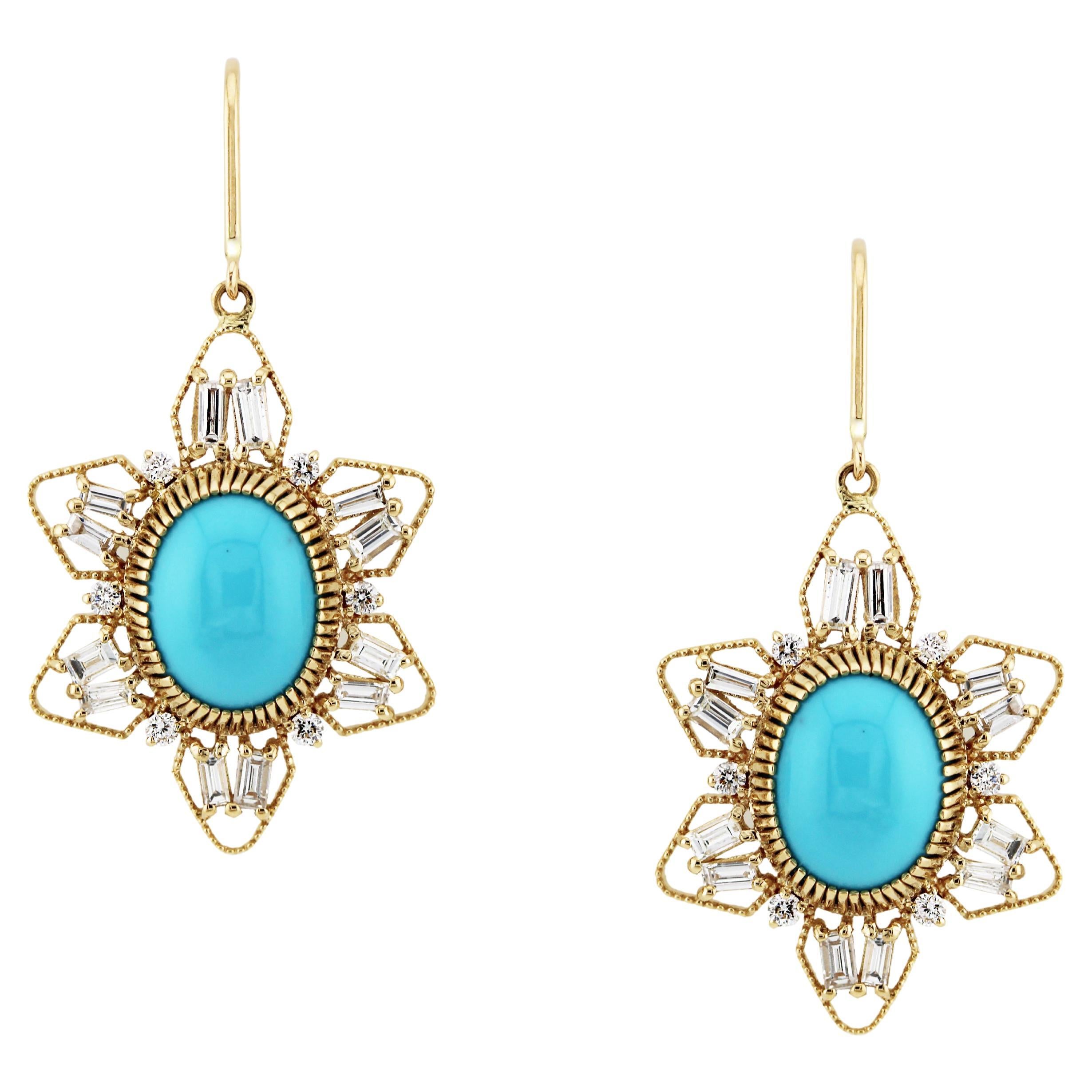 Boucle d'oreille en or jaune 18K Turquoise en forme de poire et diamant