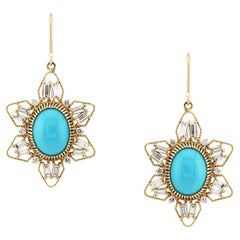 Boucle d'oreille en or jaune 18K Turquoise en forme de poire et diamant