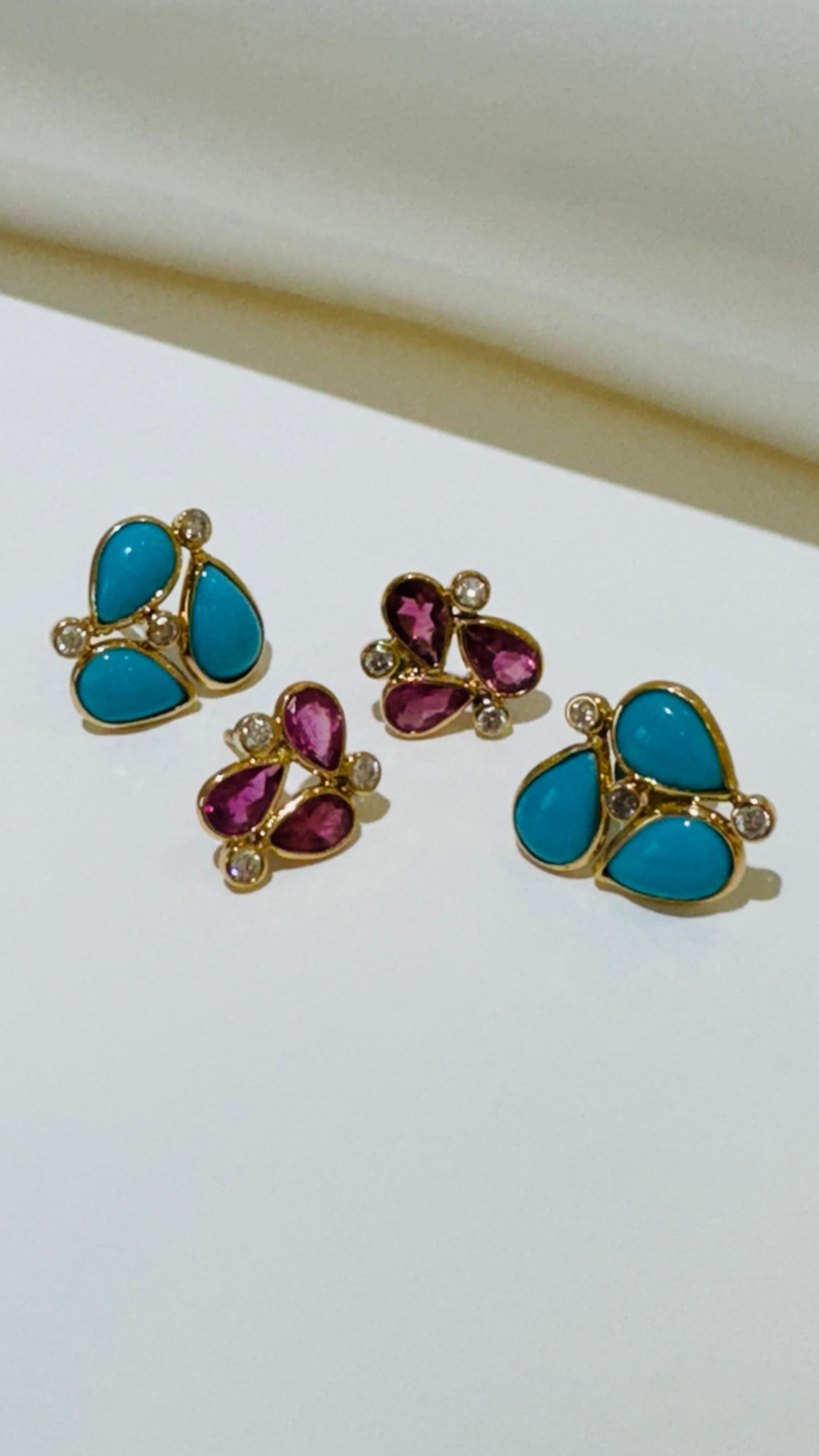 Boucle d'oreille en or jaune 18 carats Turquoise en forme de poire et diamants Pour femmes en vente