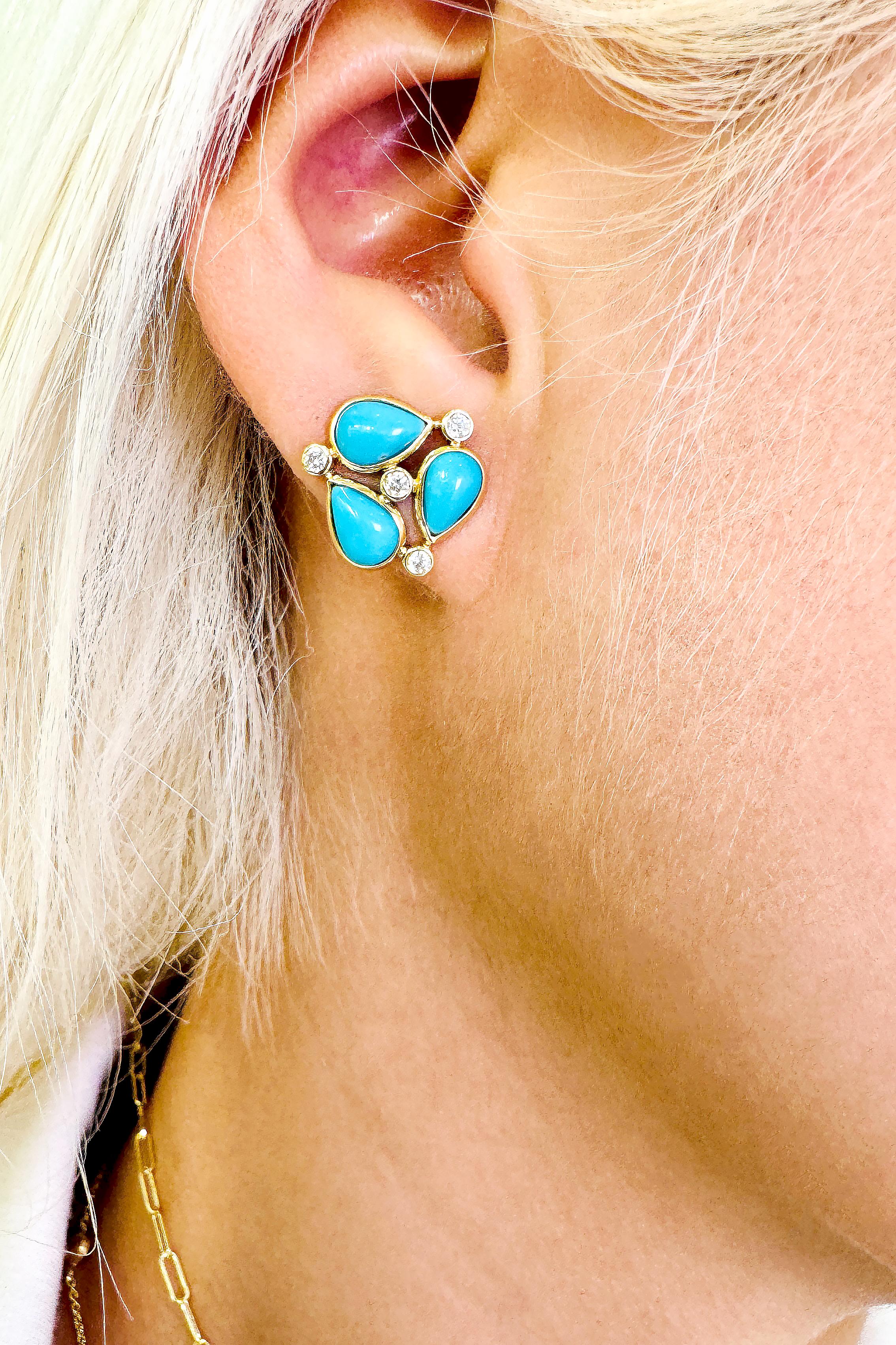 Taille poire Boucle d'oreille en or jaune 18 carats Turquoise en forme de poire et diamants en vente