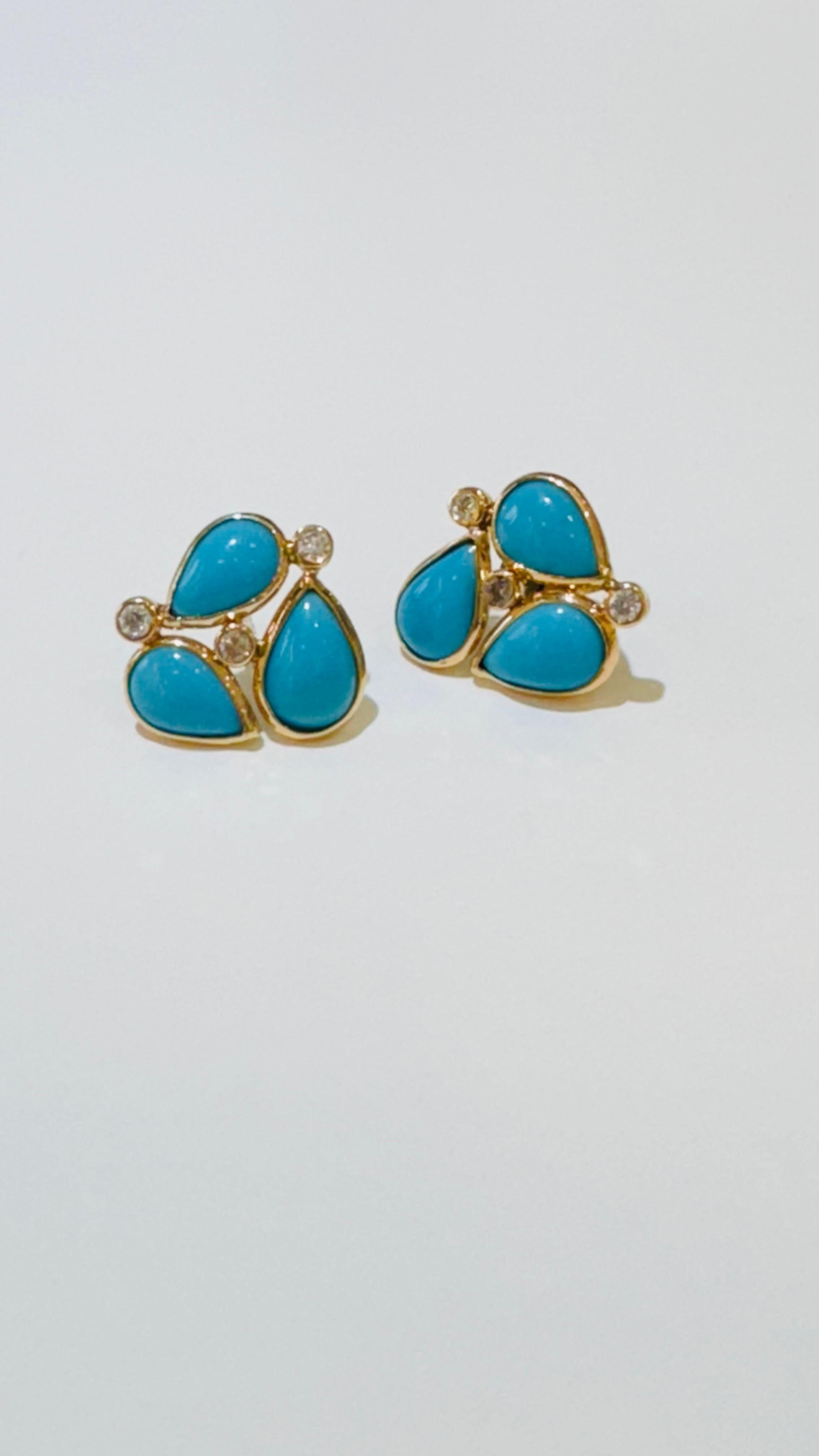 Boucle d'oreille en or jaune 18 carats Turquoise en forme de poire et diamants en vente 1