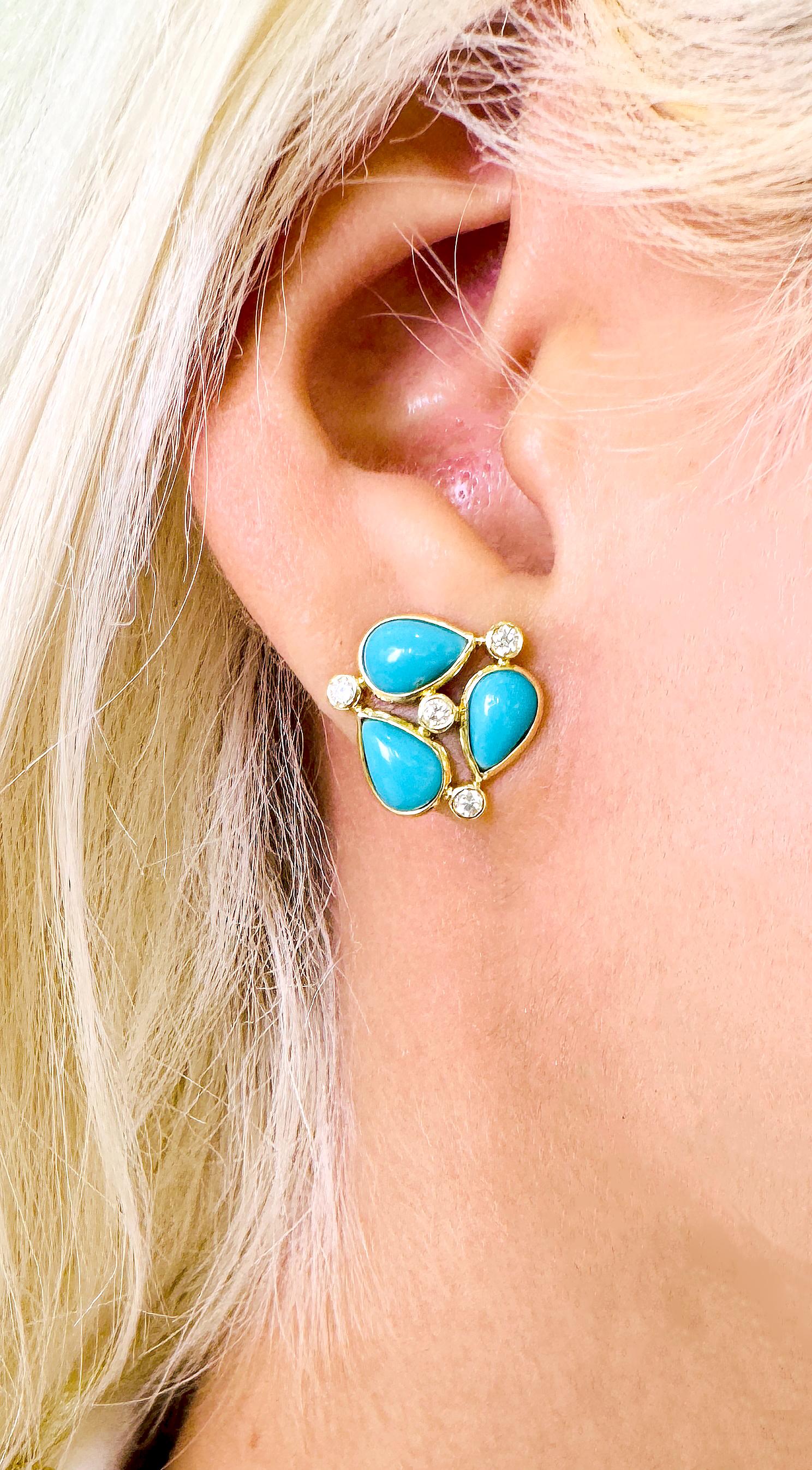 Boucle d'oreille en or jaune 18 carats Turquoise en forme de poire et diamants Neuf - En vente à Coral Gables, FL