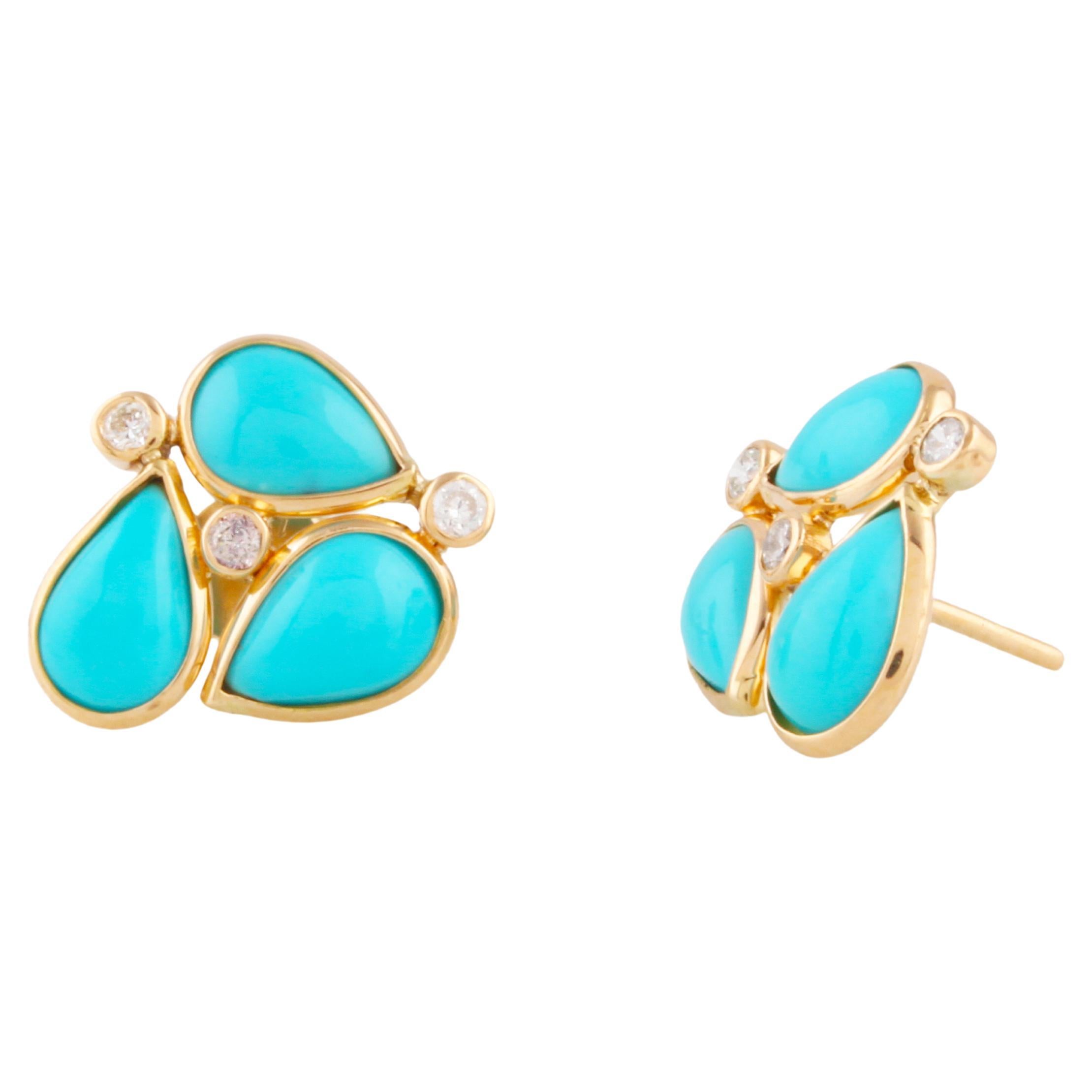 Turquoise Pear Shape & Diamond Earring Stud In 18K Yellow Gold
