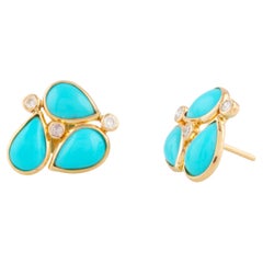 Turquoise Pear Shape & Diamond Earring Stud In 18K Yellow Gold