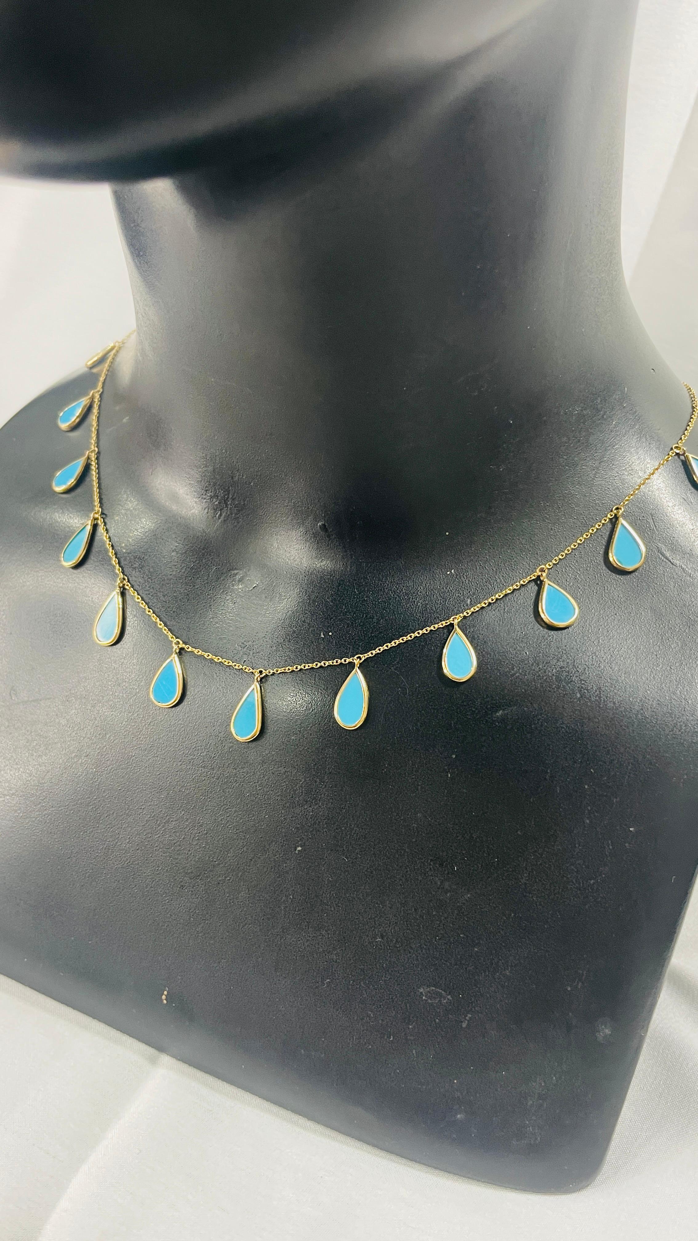Modern Turquoise Pear Shaped Drop Necklace in 18K Yellow Gold For Sale