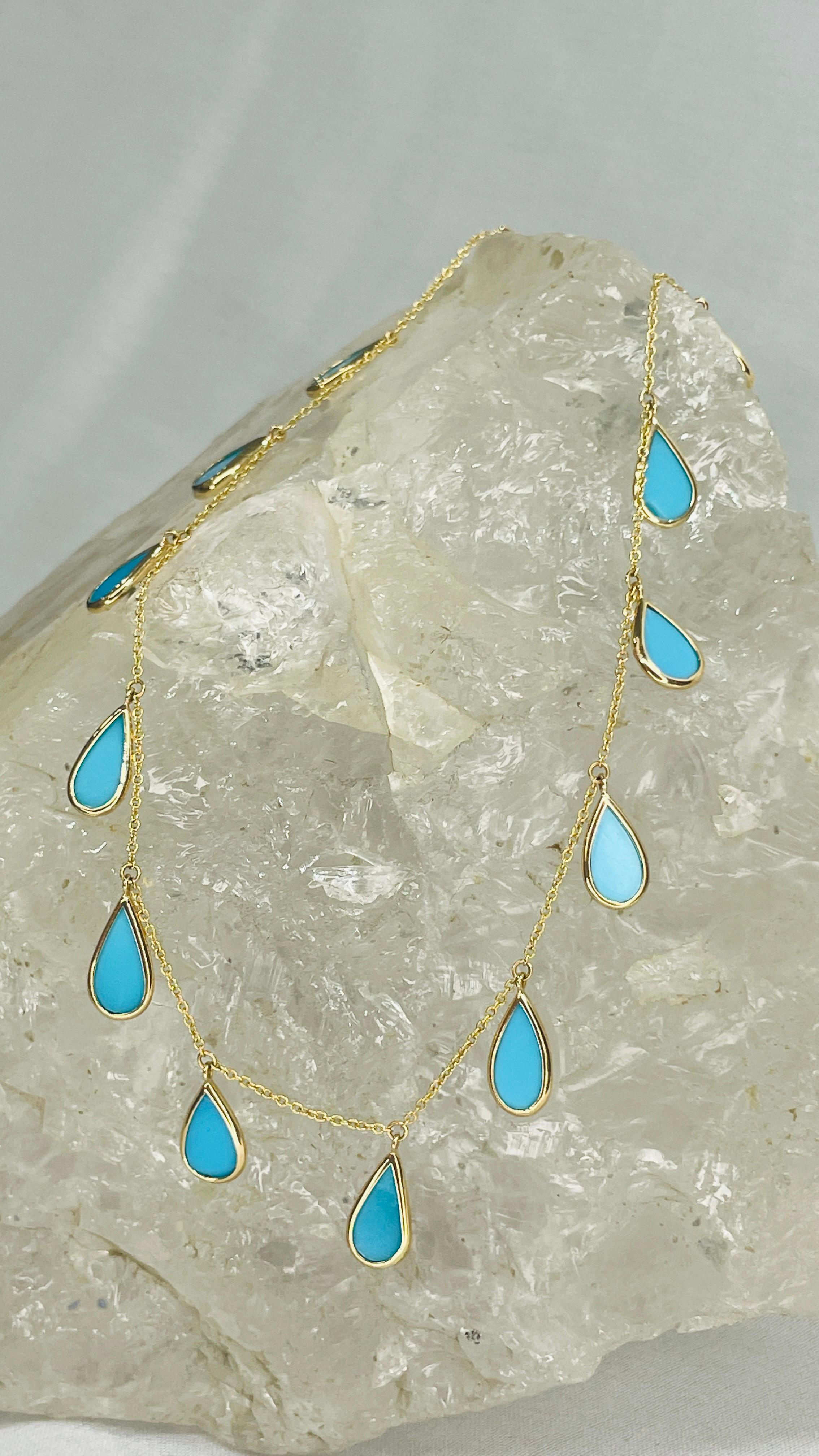 Pear Cut Turquoise Pear Shaped Drop Necklace in 18K Yellow Gold For Sale