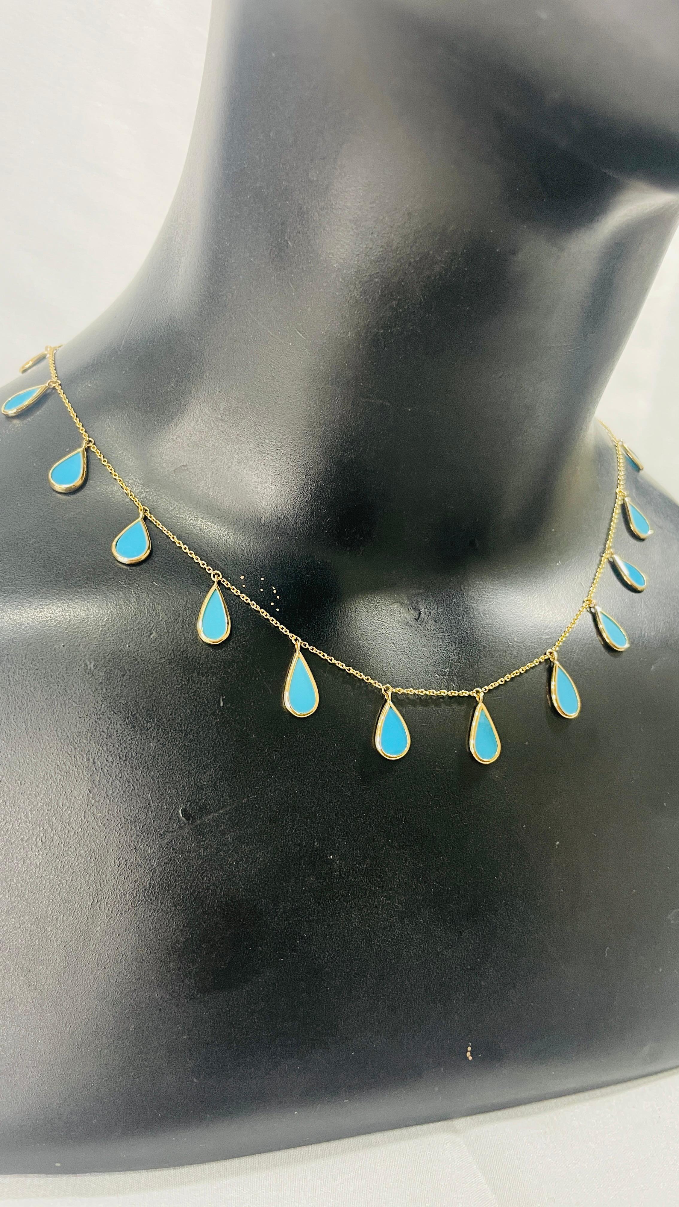 Turquoise Pear Shaped Drop Necklace in 18K Yellow Gold In New Condition For Sale In Houston, TX