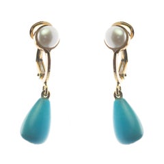 Turquoise Pearl 18 Karat Gold Tear Drop Clip on Modern Cocktail Chic Earrings