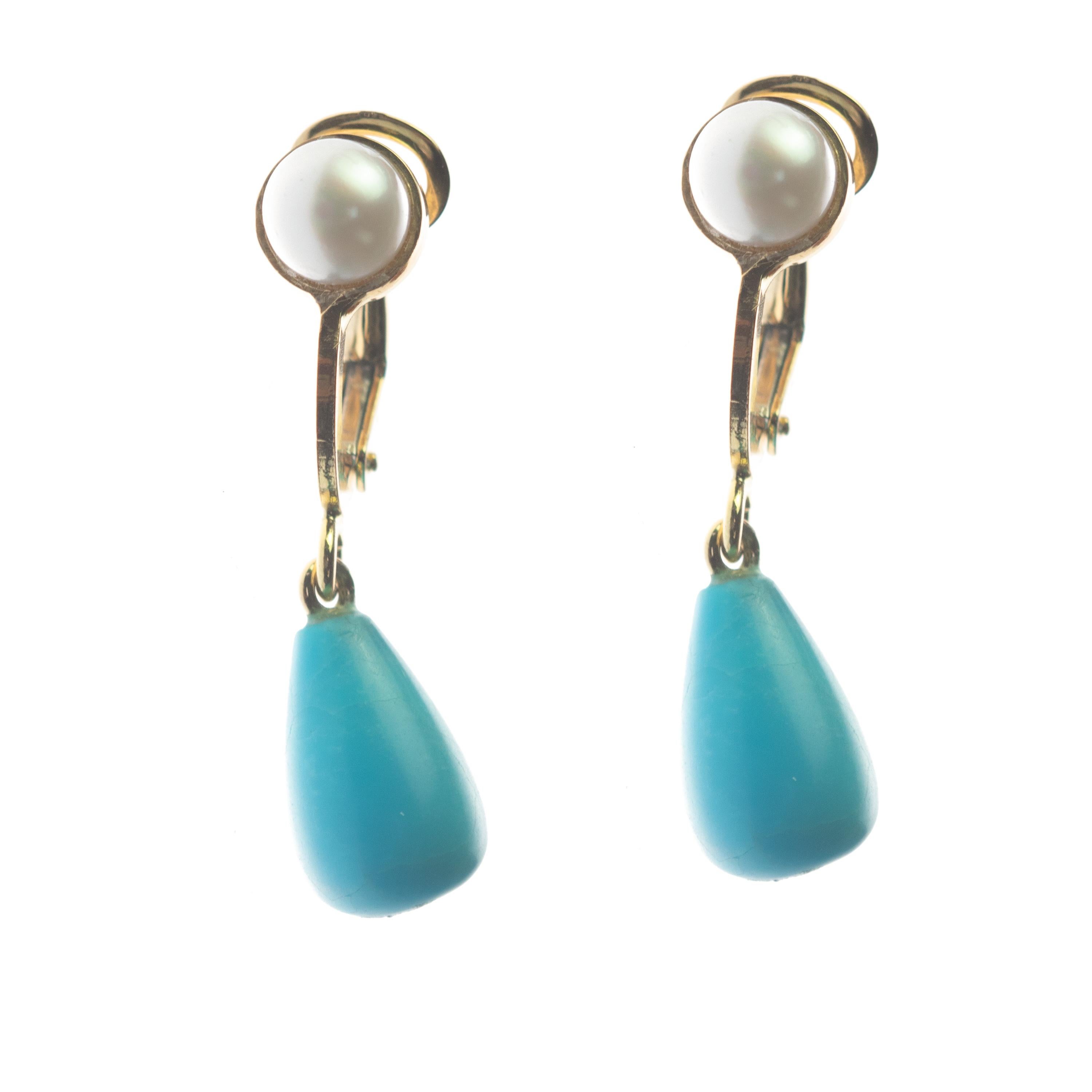 Romantic Turquoise Pearl 18 Karat Gold Tear Drop Clip on Modern Cocktail Chic Earrings For Sale