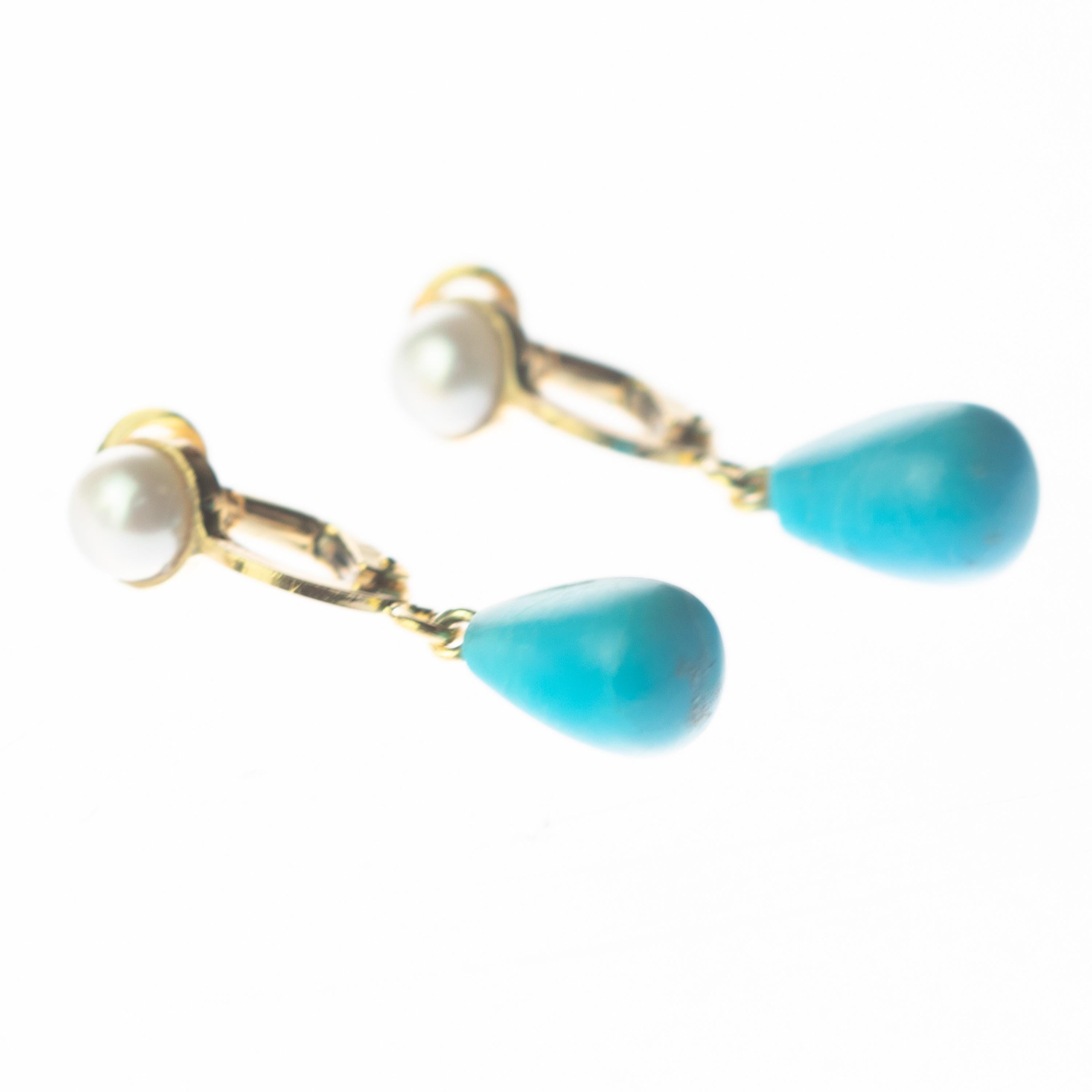 Turquoise Pearl 18 Karat Gold Tear Drop Clip on Modern Cocktail Chic Earrings In New Condition For Sale In Milano, IT