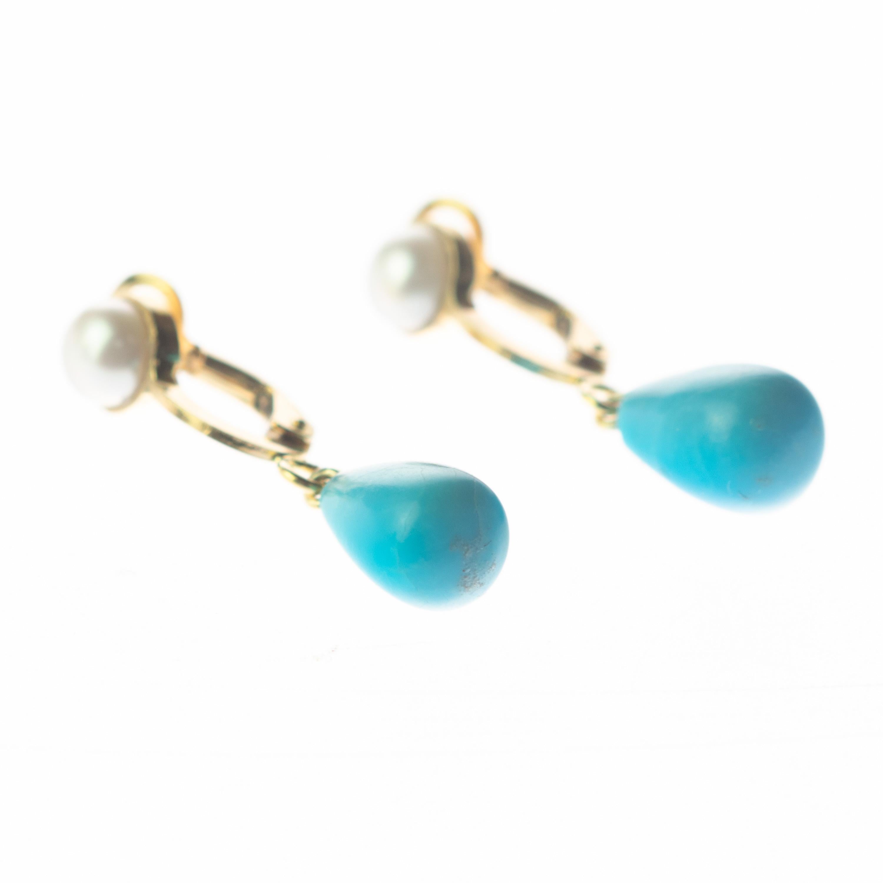 Women's Turquoise Pearl 18 Karat Gold Tear Drop Clip on Modern Cocktail Chic Earrings For Sale