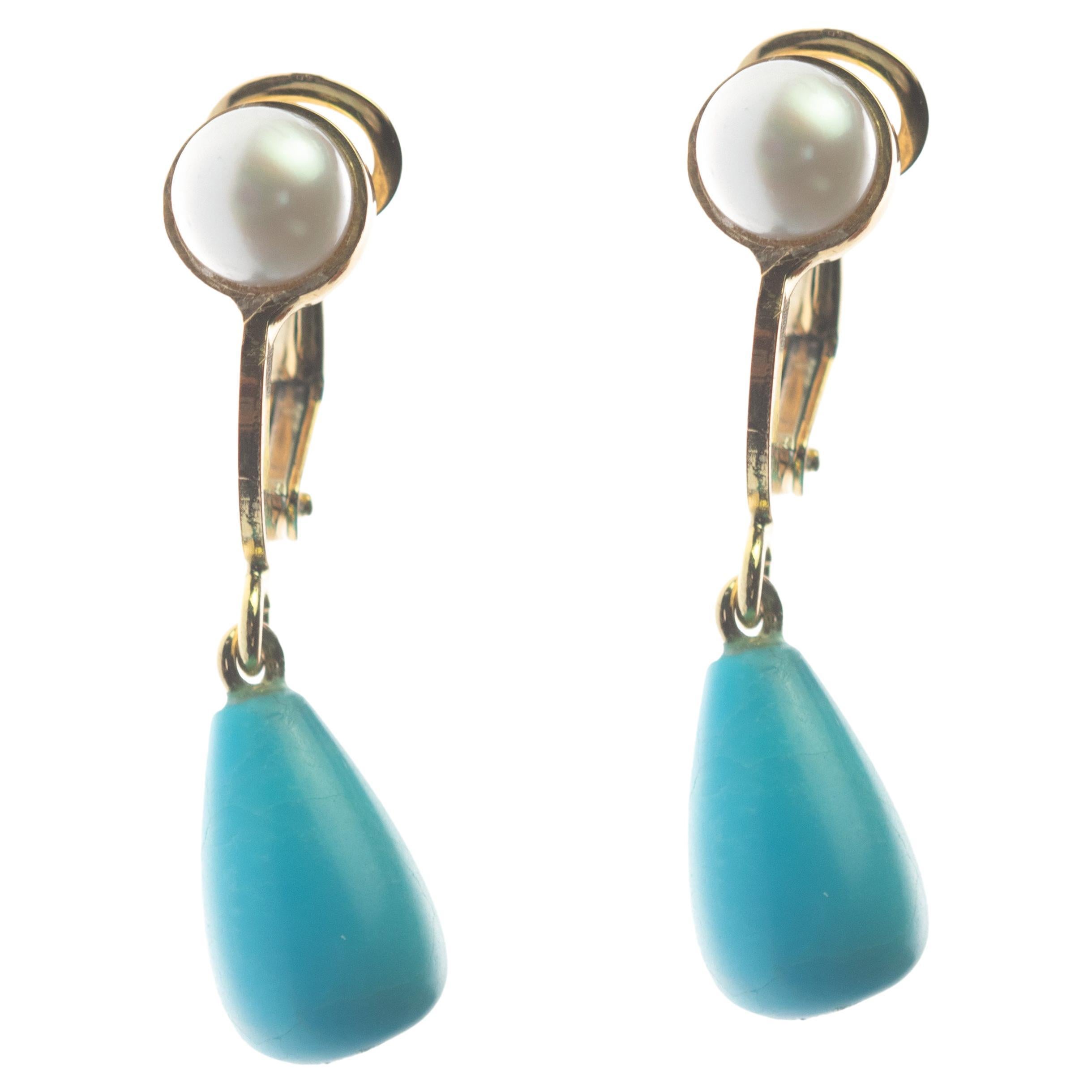 Turquoise Pearl 18 Karat Gold Tear Drop Clip on Modern Cocktail Chic Earrings For Sale