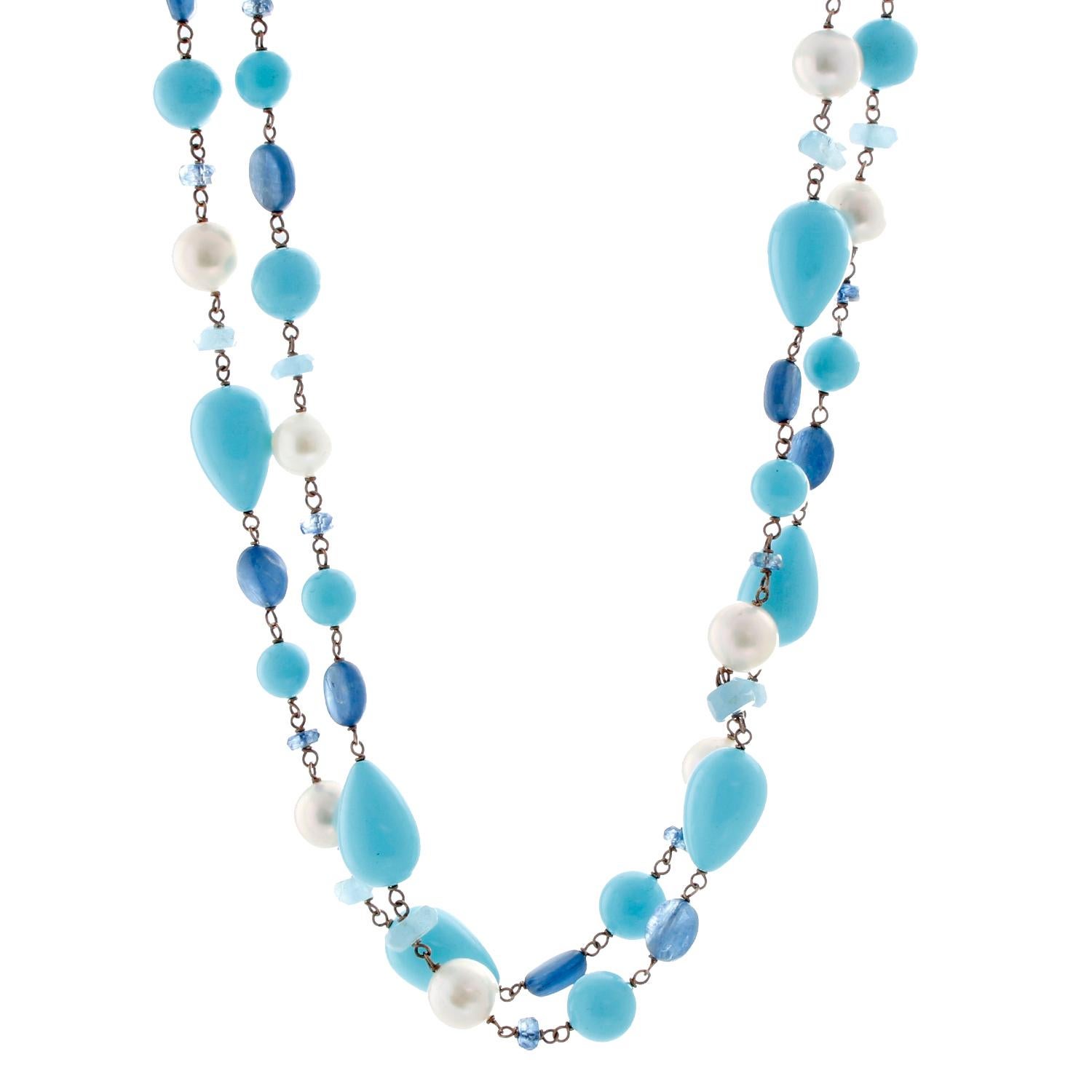 Turquoise, Pearl and Other Stones Sterling Silver Necklace - Length 36 inches. Can be worn double wrapped or single wrapped. Perfect for Jeans and a T shirt!. 