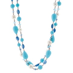 Turquoise, Pearl and Other Stones Sterling Silver Necklace