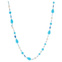 Used Turquoise, Pearl and Other Stones Sterling Silver Necklace