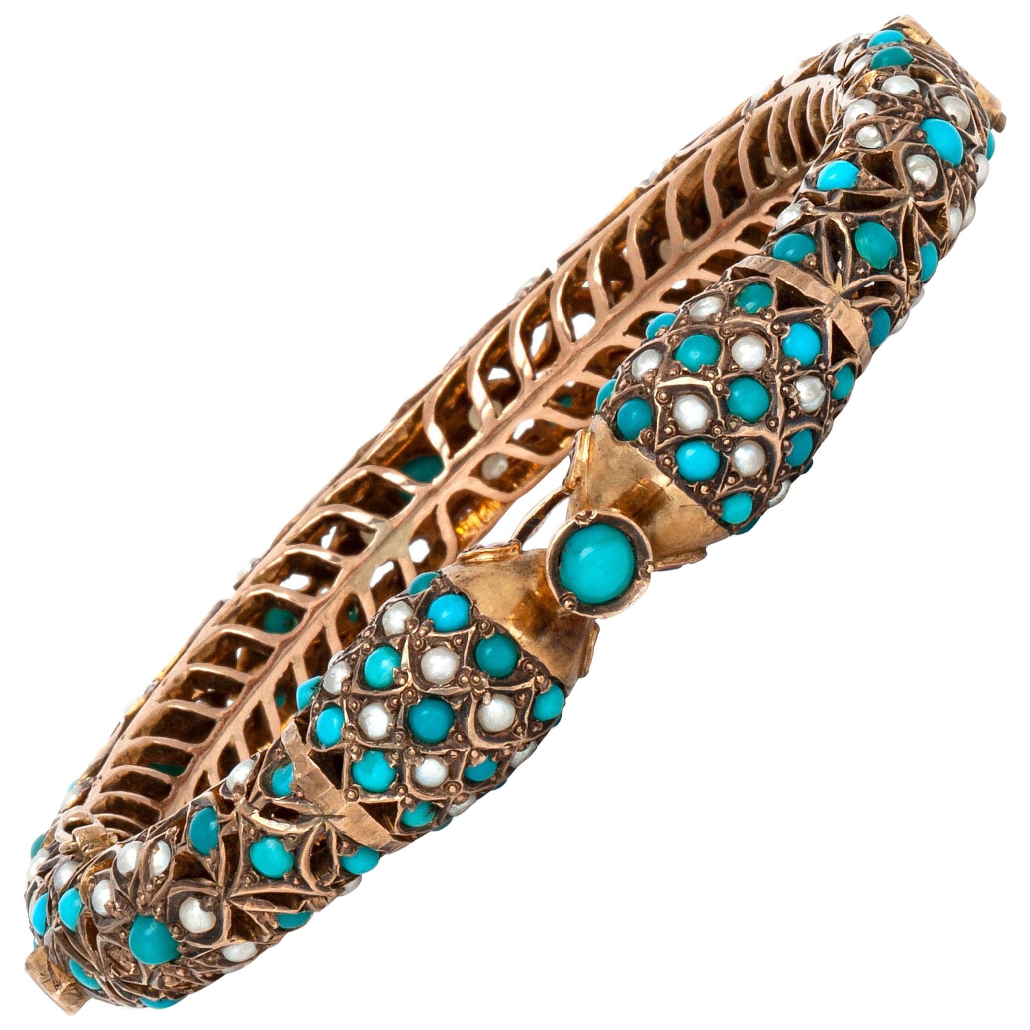 Turquoise Pearl Bangle Cuff For Sale