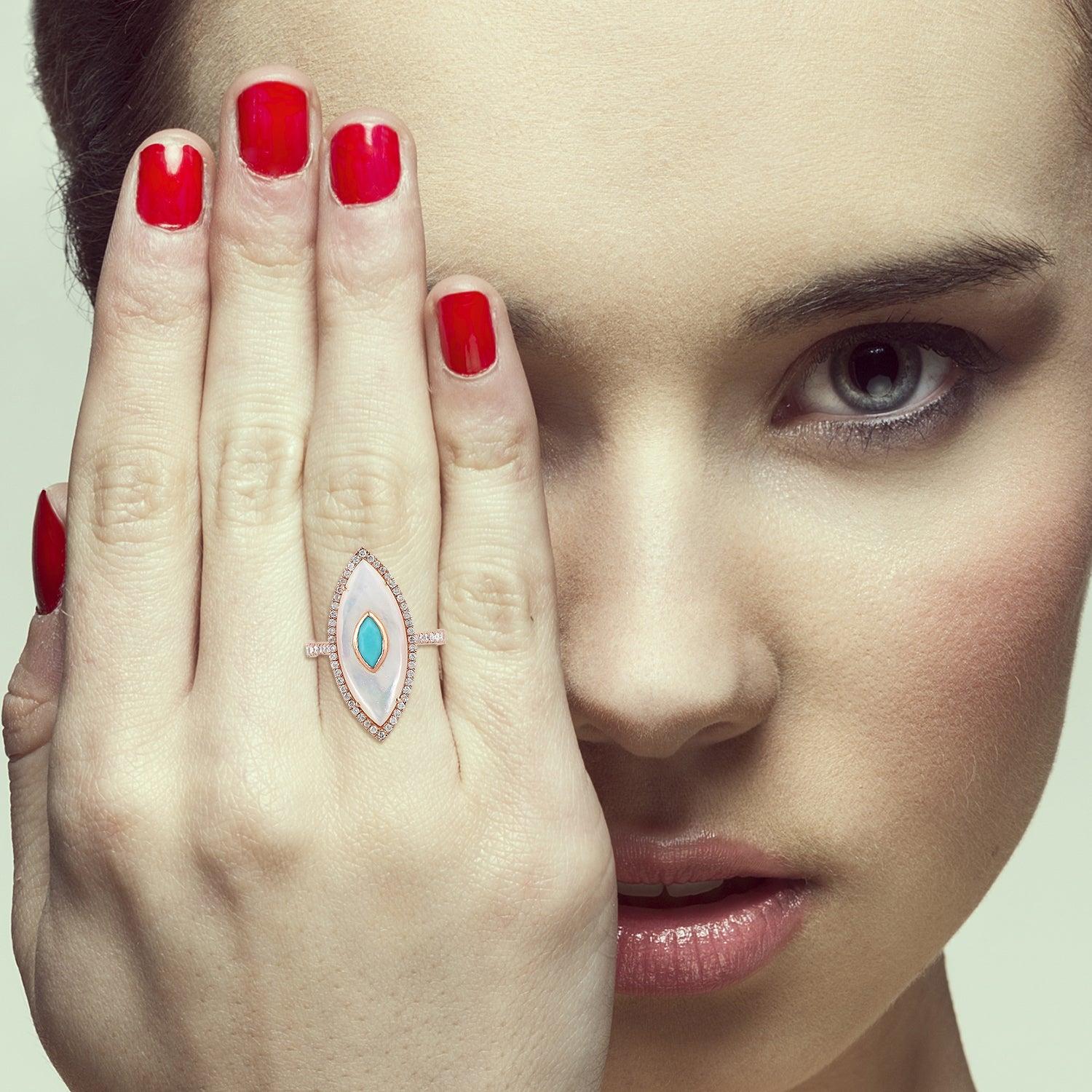 Im Angebot: Turquoise Perle Diamant 14 Karat Gold Ring () 2