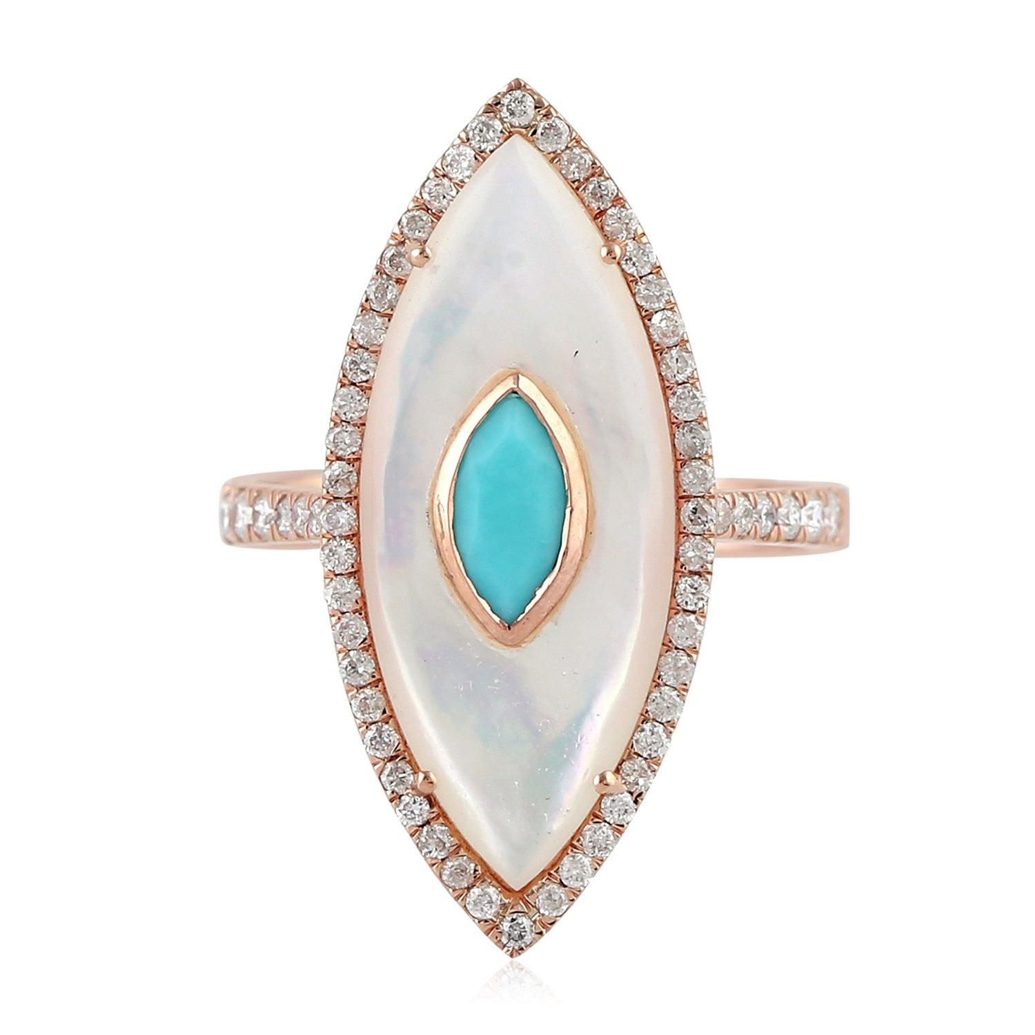 For Sale:  Turquoise Pearl Diamond 14 Karat Gold Ring 4