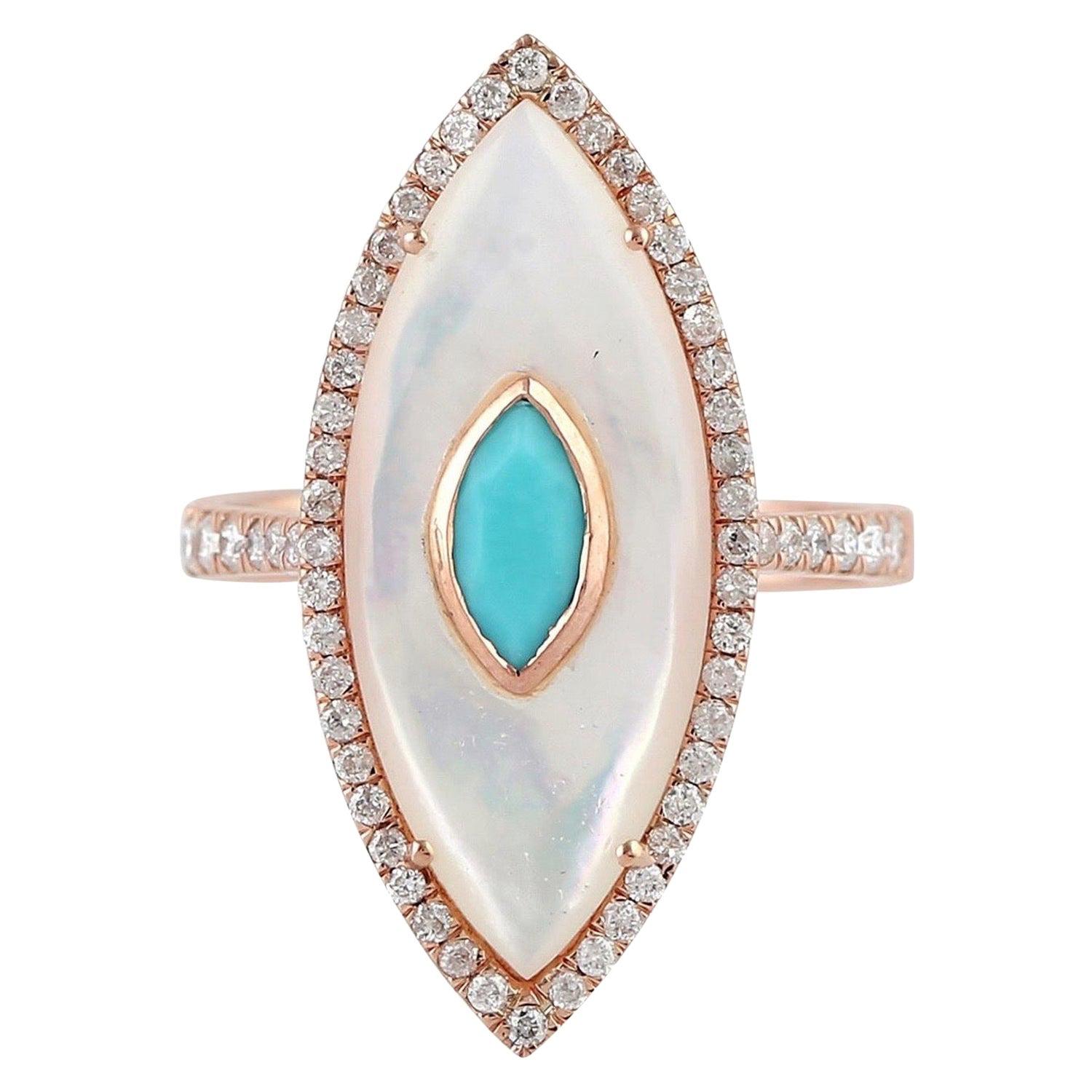 Turquoise Perle Diamant 14 Karat Gold Ring