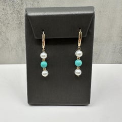 Turquoise Pearl Drop Earrings 14K Yellow Gold 2.9g Lever Backs New