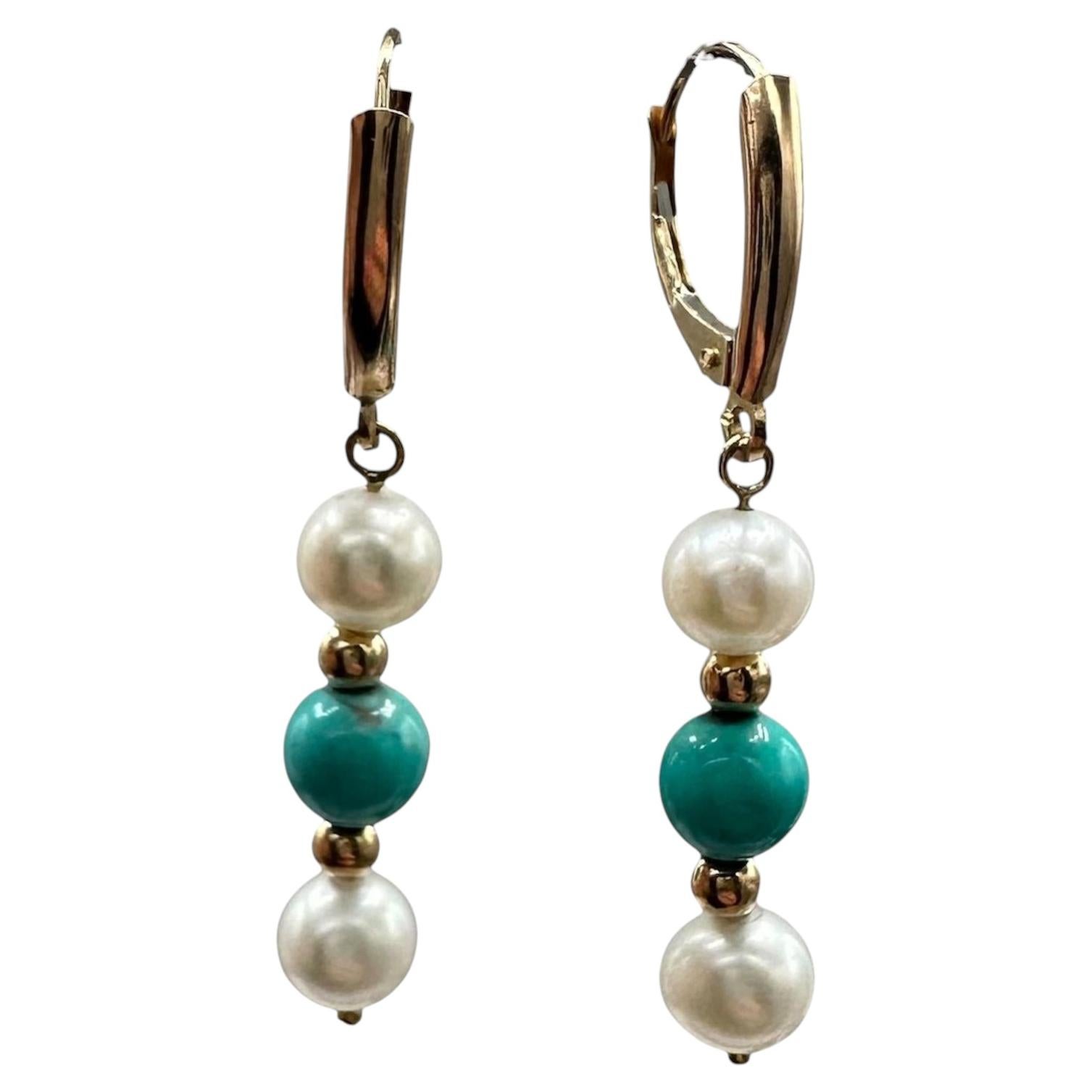 Turquoise Pearl Drop Earrings 14K Yellow Gold 2.9g Lever Backs New For Sale