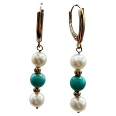 Turquoise Pearl Drop Earrings 14K Yellow Gold 2.9g Lever Backs New