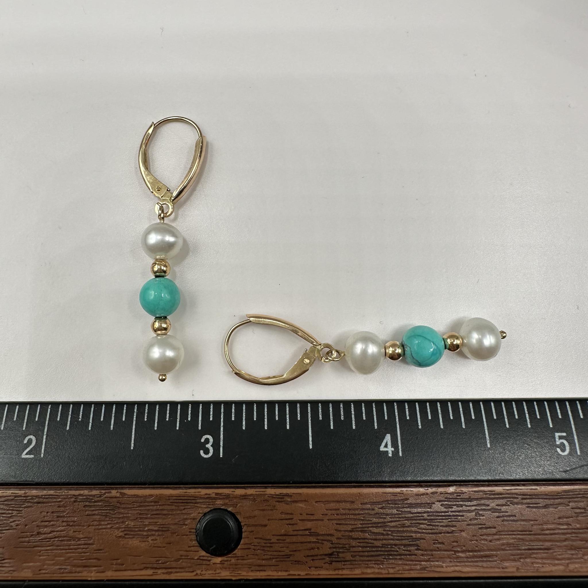 Donna Orecchini con turchese e perle in oro giallo 14 carati - 2,9 g, chiusura a leva, nuovi in vendita