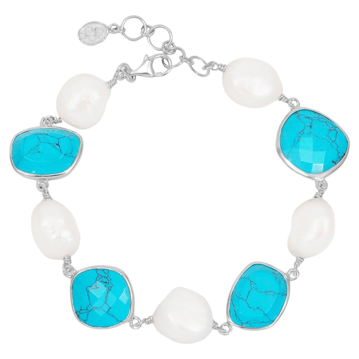 Turquoise & Pearl Pebble Bracelet In Sterling Silver For Sale