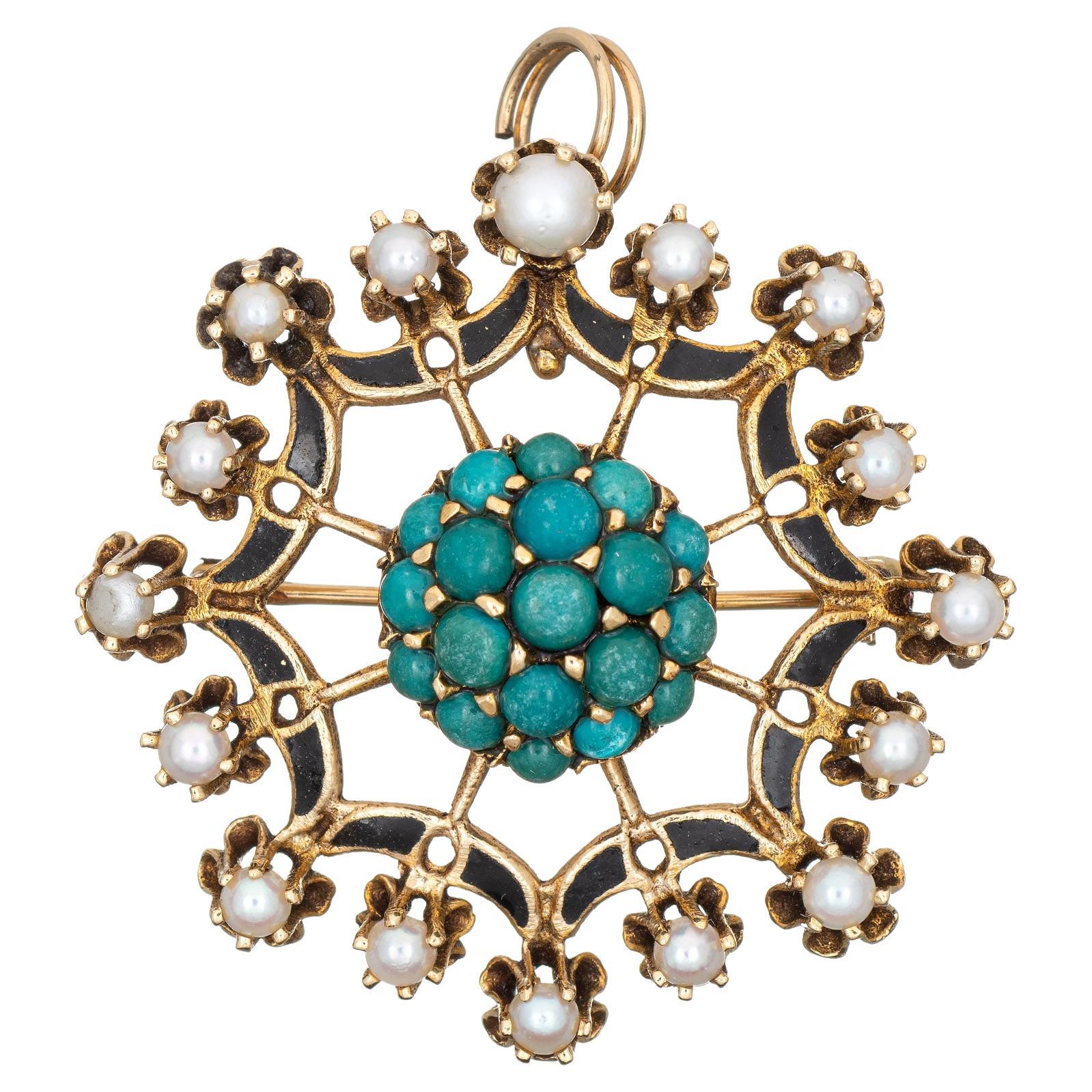 Broche pendentif vintage en or jaune 14 carats et émail avec perles de turquoise (succession)