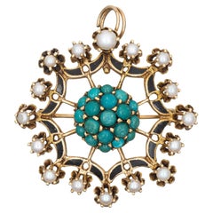 Turquoise Pearl Pendant Brooch Vintage 14k Yellow Gold Enamel Estate Jewelry