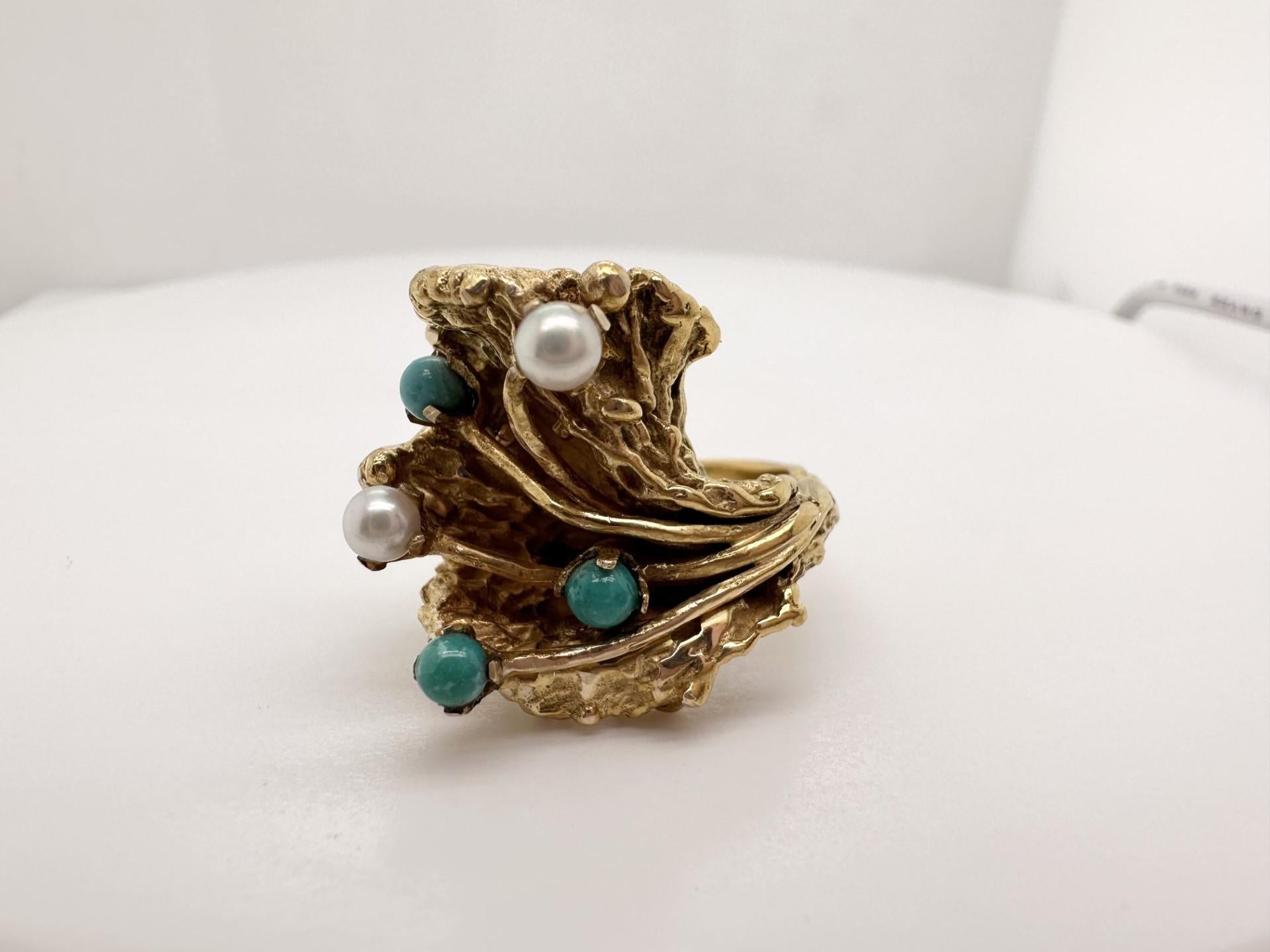 Artisan Turquoise & Pearl ring 18KT gold unique sea designer ring handcarved cocktail  For Sale