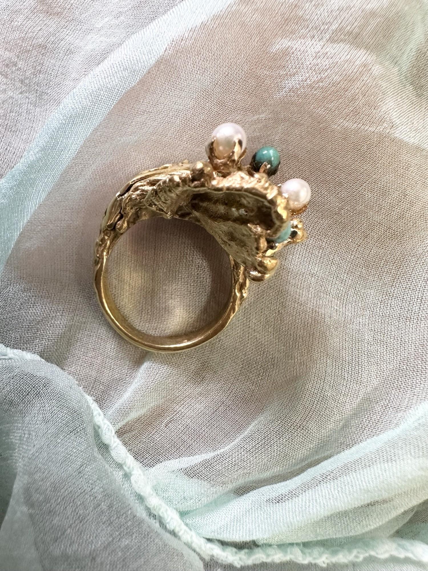 Bead Turquoise & Pearl ring 18KT gold unique sea designer ring handcarved cocktail  For Sale