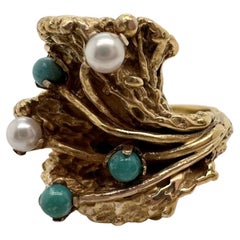 Vintage Turquoise & Pearl ring 18KT gold unique sea designer ring handcarved cocktail 