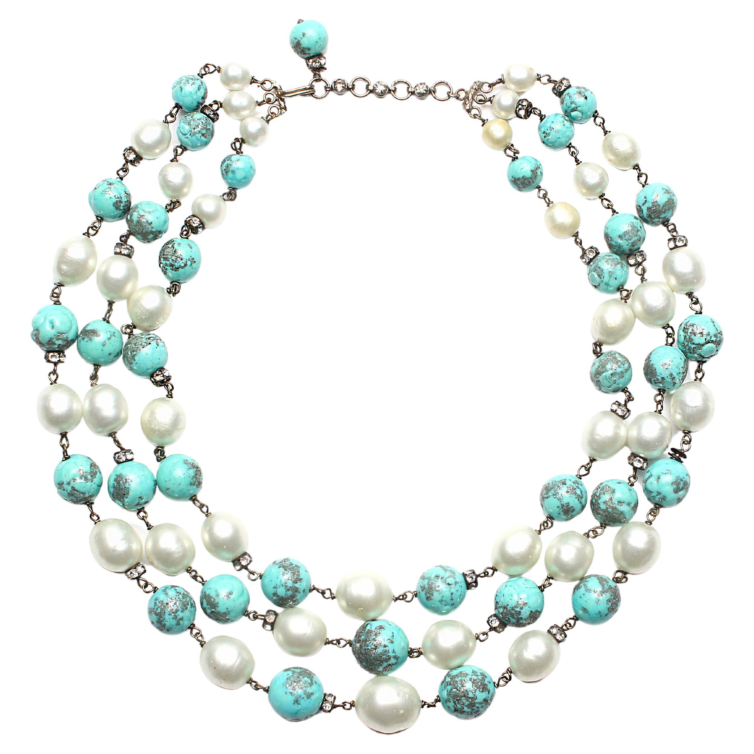 Turquoise Pearl Triple Strand Beaded Choker Necklace