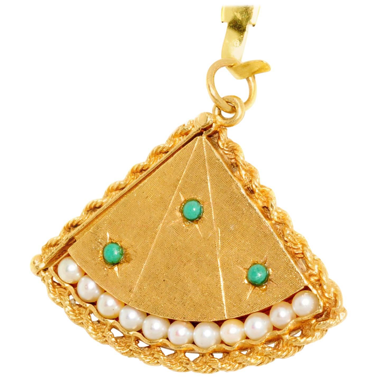 Turquoise Pearl Yellow Gold Fan Locket For Sale