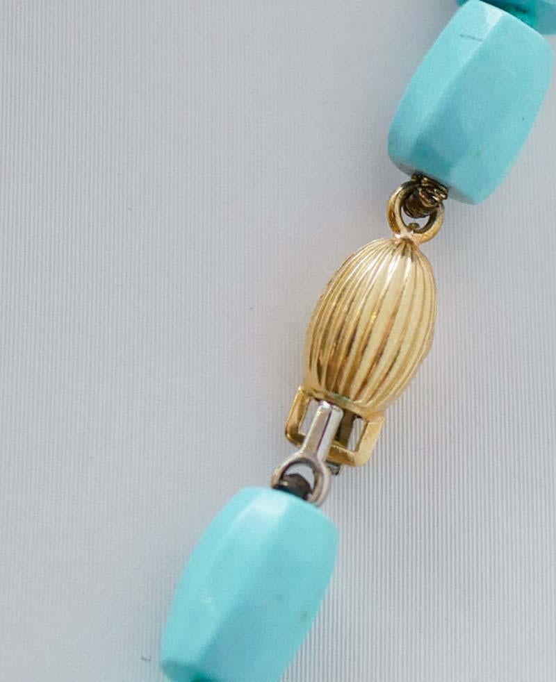 Rétro Turquoise, Pearls, 18 Karat Yellow Gold Necklace. in vendita