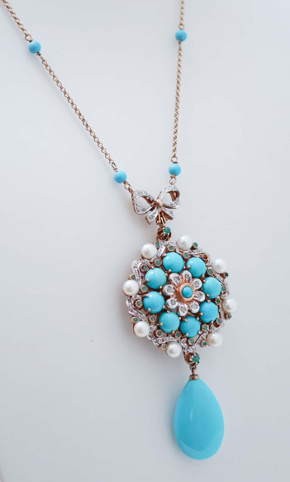 Retro Turquoise, Pearls, Emeralds, Diamonds, Rose Gold and Silver Pendant Necklace. For Sale