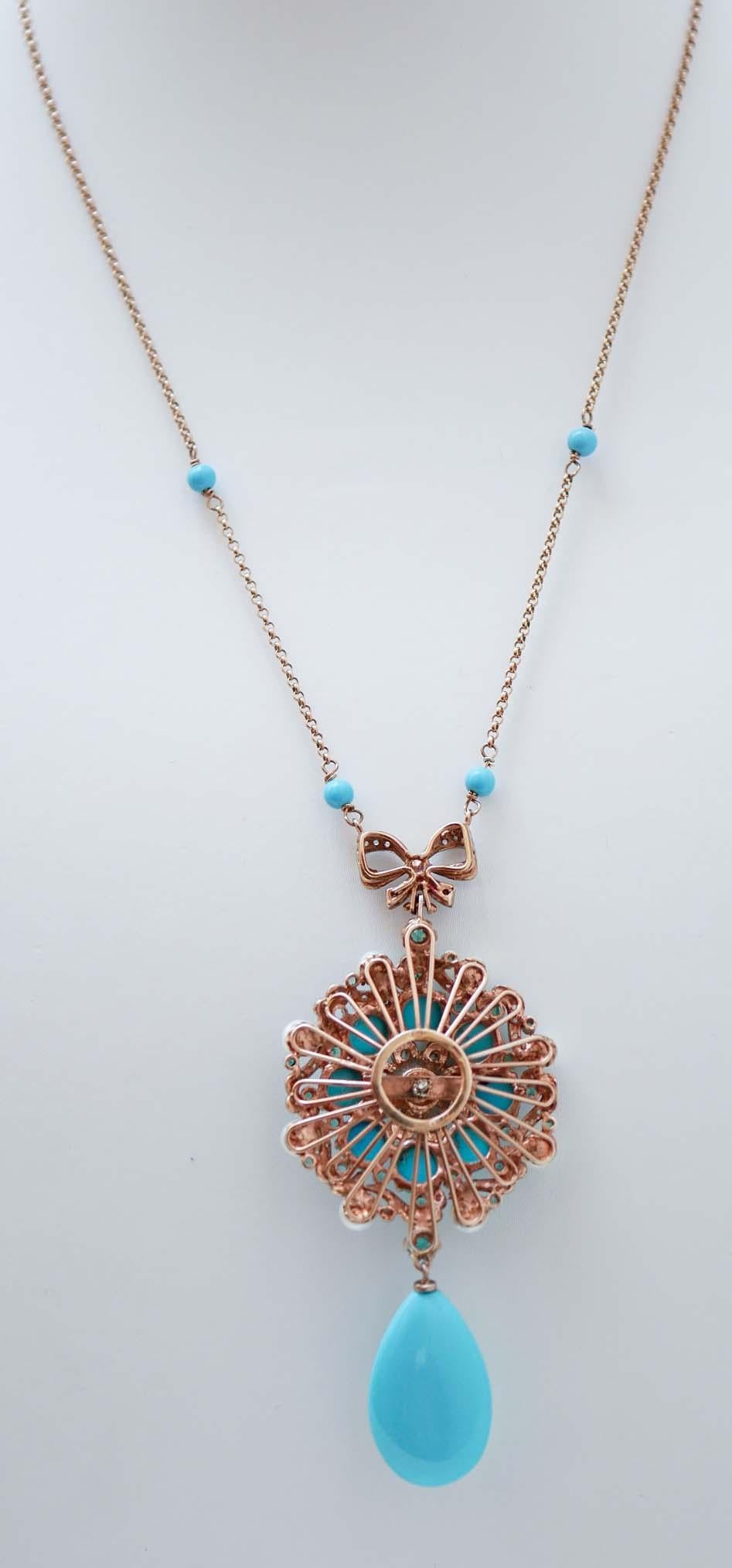 Mixed Cut Turquoise, Pearls, Emeralds, Diamonds, Rose Gold and Silver Pendant Necklace. For Sale