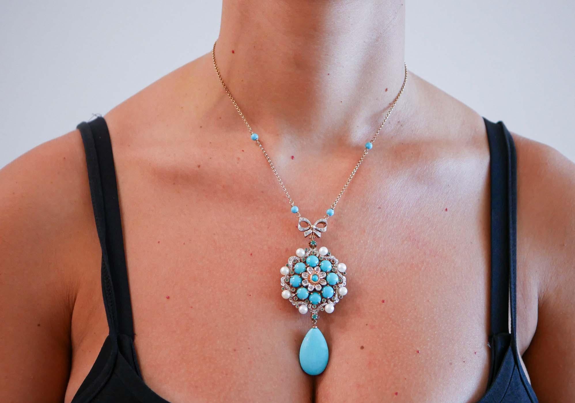 Turquoise, Pearls, Emeralds, Diamonds, Rose Gold and Silver Pendant Necklace. In Good Condition For Sale In Marcianise, Marcianise (CE)